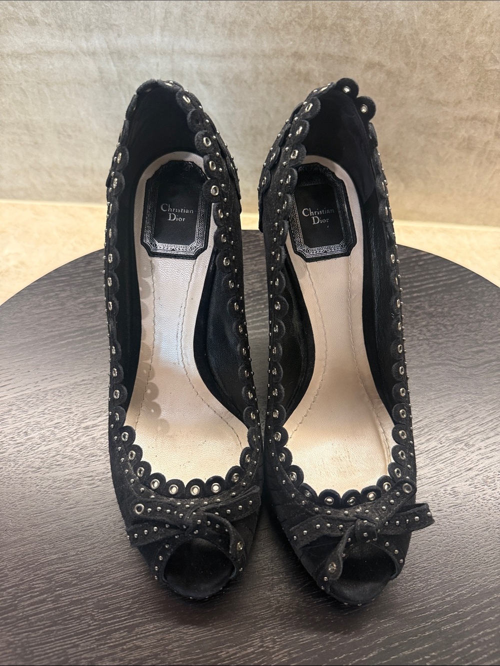 Vintage Christian Dior Black Suede Studded Muse Peep-Toe Heels with Bow